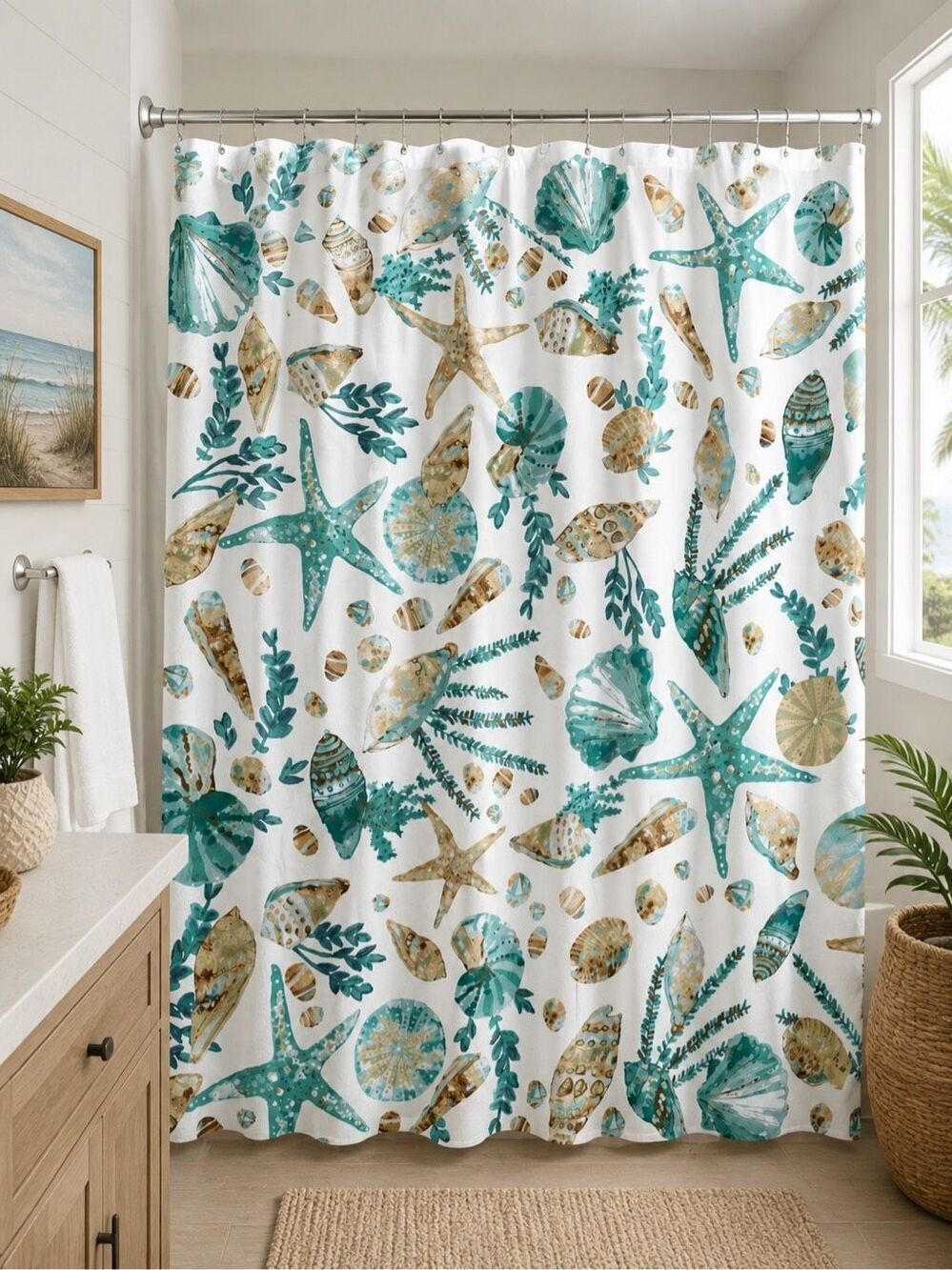 Coastal Shower Curtain Starfish Seashells Conch Watercolor Underwater